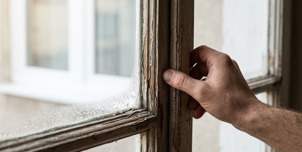 Close-up of a hand tracing a worn, weathered wooden single-pane window frame with condensation.